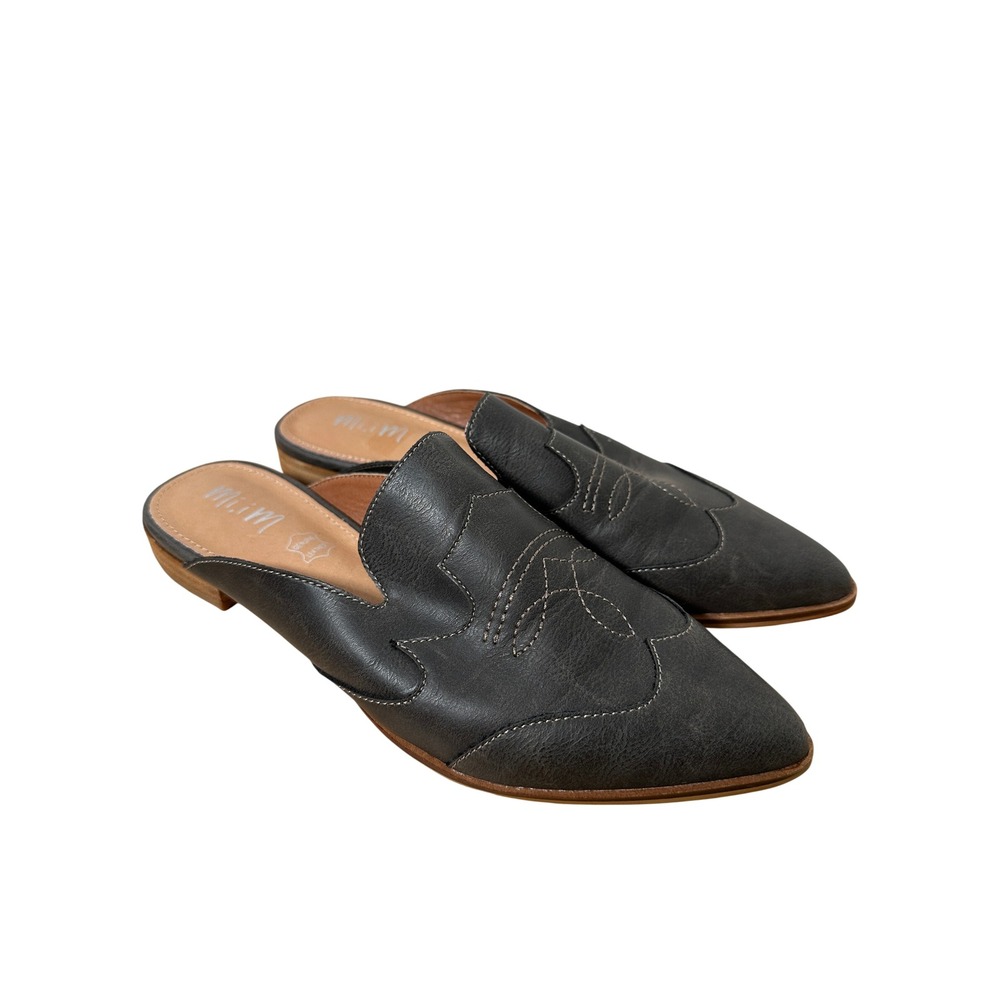 Mi.iM Black Leather Western Stitched Pointed Toe Slip On Mules Boho Chic 7.5